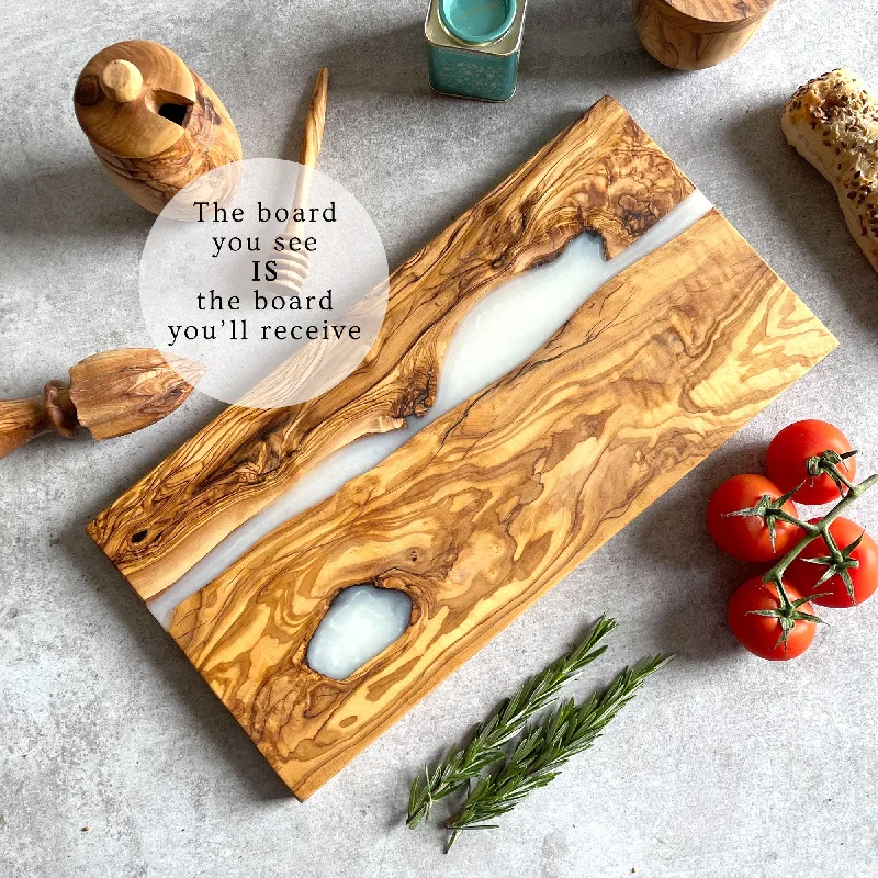 Christmas Homemade Treats Olive Wood Resin River Cheese Board - White Vein | Length 15.7" (40cm)