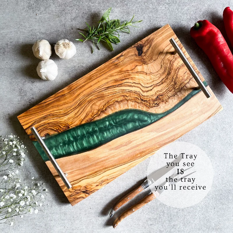Christmas Home Decorations Olive Wood Resin River Tray - Green Vein | Length 15.7" (40cm) Steel Handles