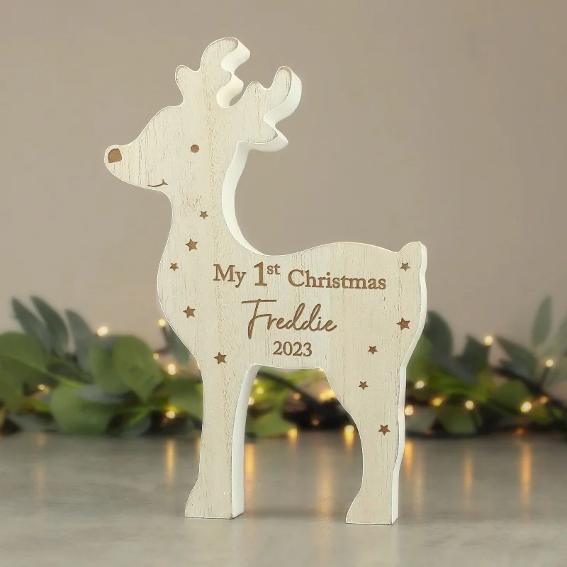 Christmas Twinkling Decorations Personalised '1st Christmas' Rustic Wooden Reindeer Decoration