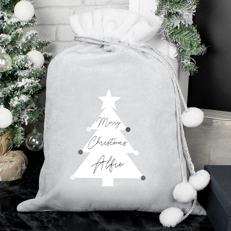 Christmas Tree Farm Personalised Christmas Tree Luxury Silver Grey Pom Pom Sack