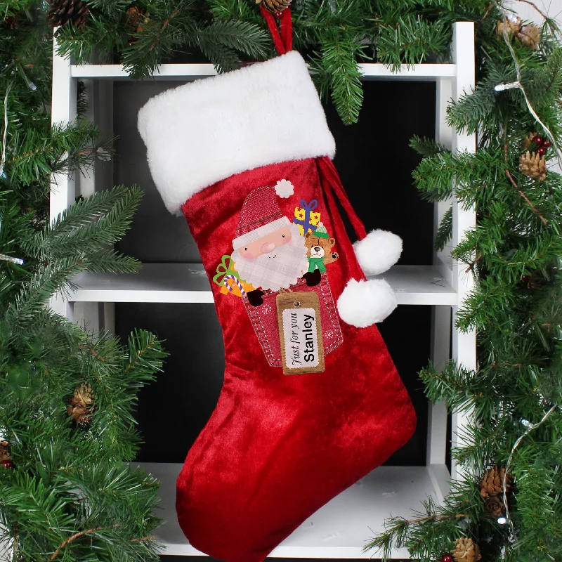 Christmas Carol Singing Personalised Santa Claus Luxury Red Stocking