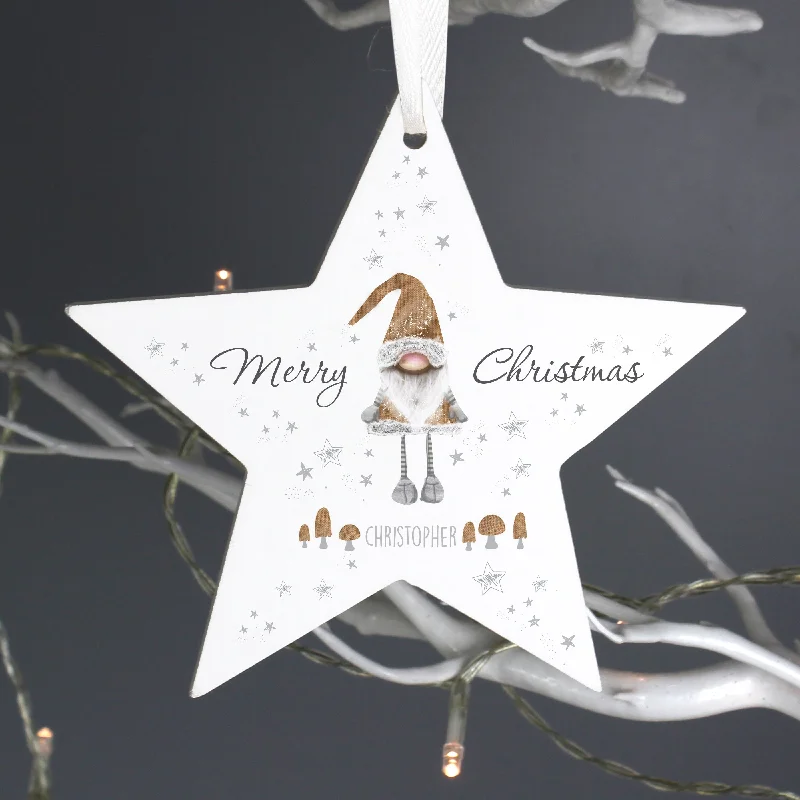 Christmas Snow Covered Roof Personalised Scandinavian Christmas Gnome Wooden Star Decoration