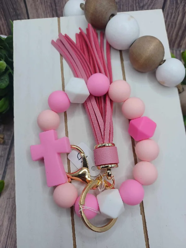 Christmas Snowman Building Pink Beaded Cross Wristlet Keychain