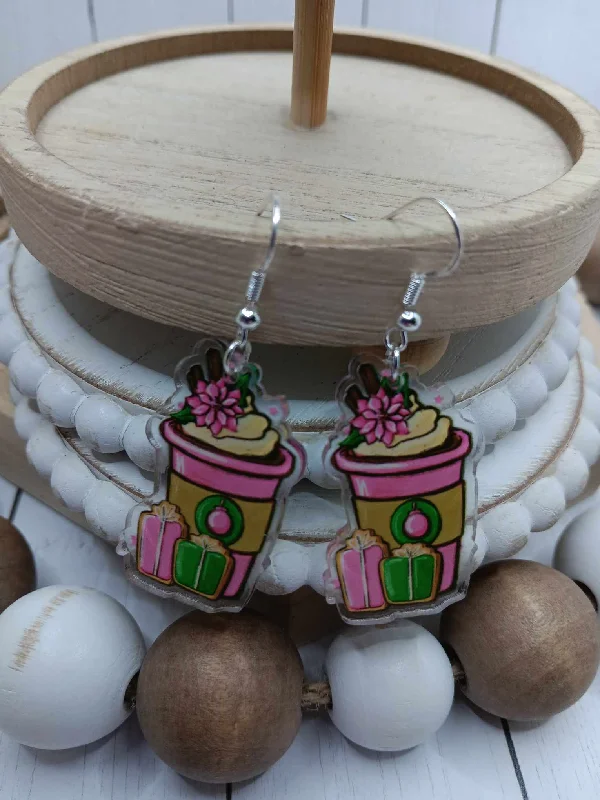 Christmas White Reindeer Pink Christmas Coffee Earrings