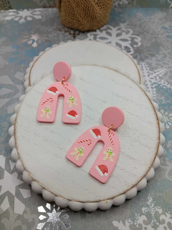 Christmas Gift Exchange Ideas Pink Clay Style Christmas Tree Earrings w/ Santa Hats
