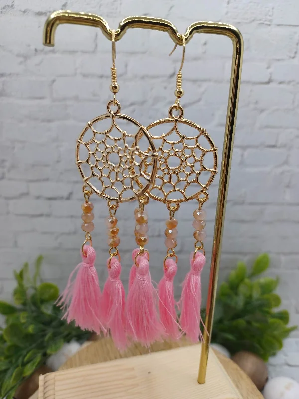Christmas Wrapped Surprises Pink Dreamcatcher Beaded & Tassel Earrings