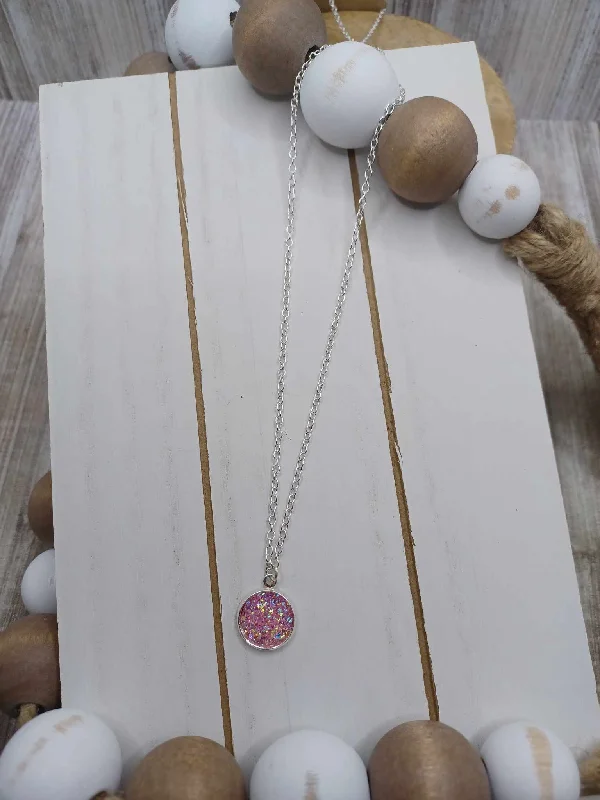 Christmas White Wonderland Pink Druzy Pendant Necklace
