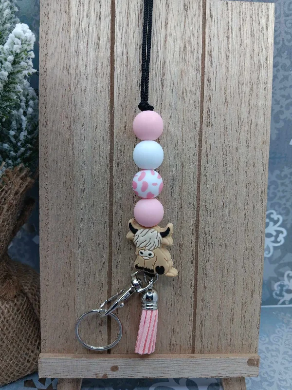 Christmas Gingerbread Delights Pink Highland Cow Beaded Lanyard