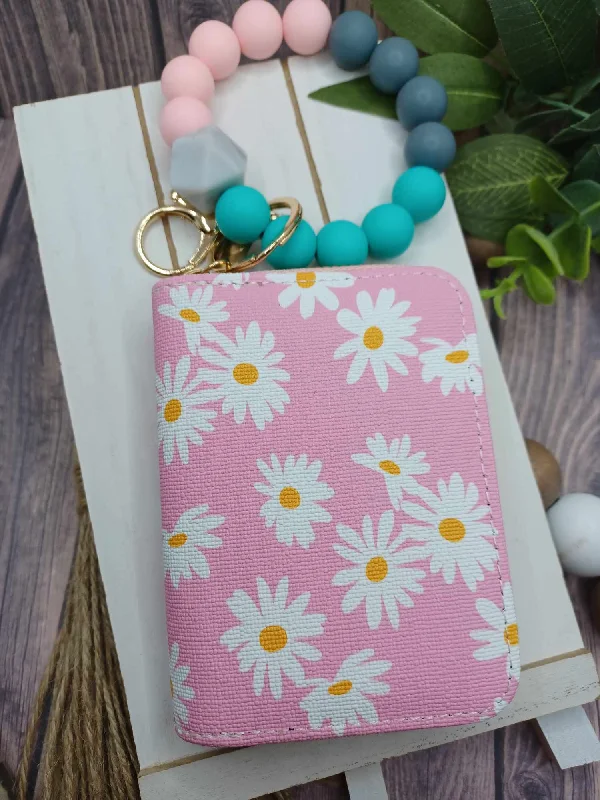 Christmas Cozy Sweaters Pink w/ Daisies Beaded Wristlet Wallet