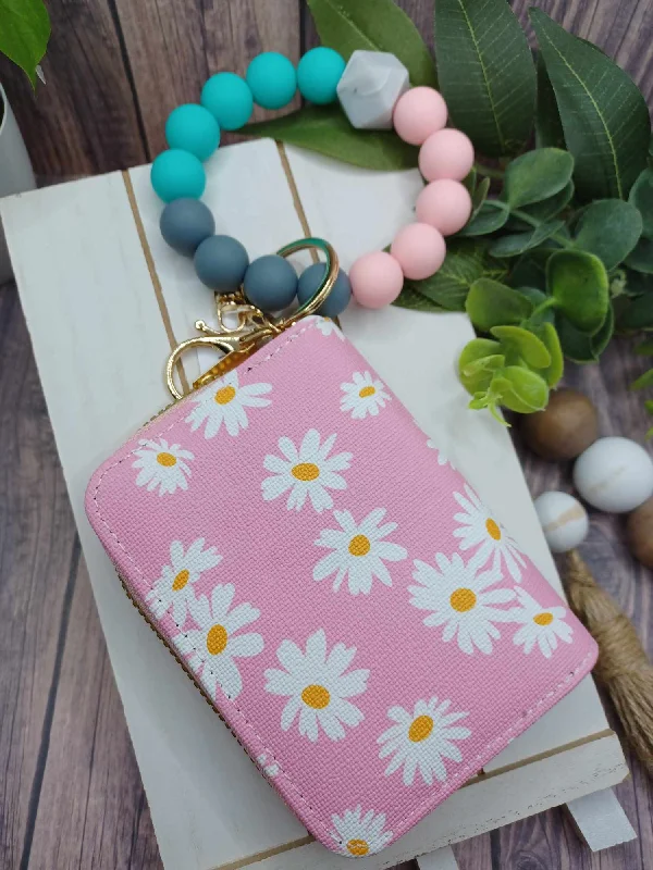 Christmas Winter Nights Magic Pink w Daisies Beaded Wristlet Wallet