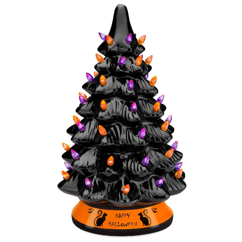 Christmas Family Fun Night Ceramic Halloween Tabletop Tree w/ Orange & Purple Bulb Lights - 15in