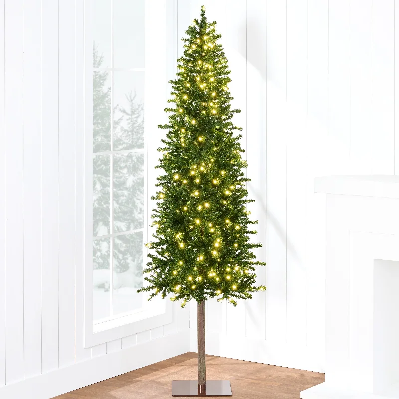 Christmas Jolly Surprises Pre-Lit Artificial Alpine Slim Pencil Christmas Tree w/ LED Lights, Stand