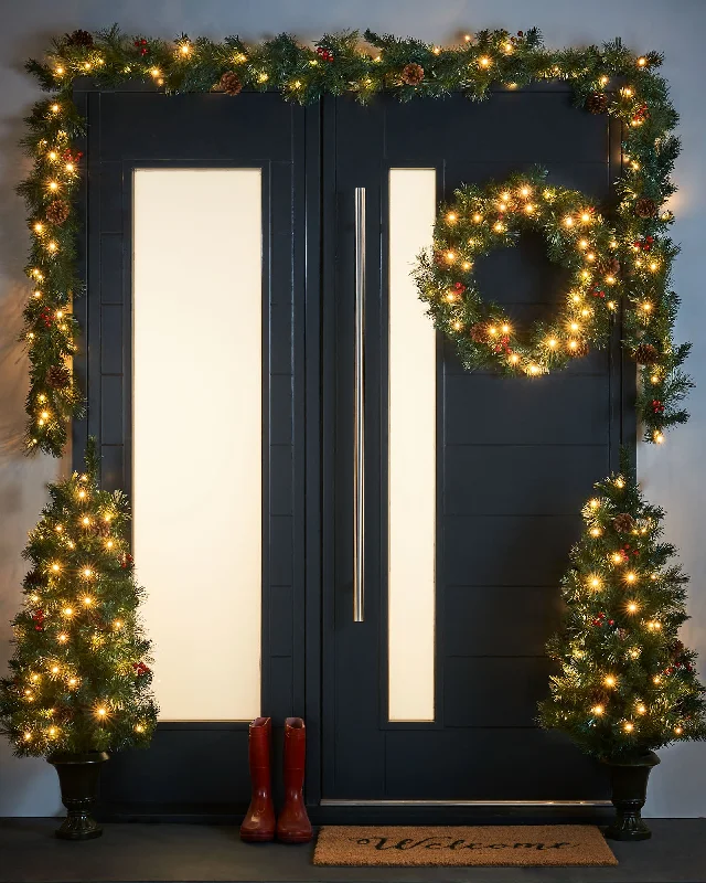 Christmas White Wonderland Pre-Lit Decorative Christmas Trees, Wreath & Garland Bundle