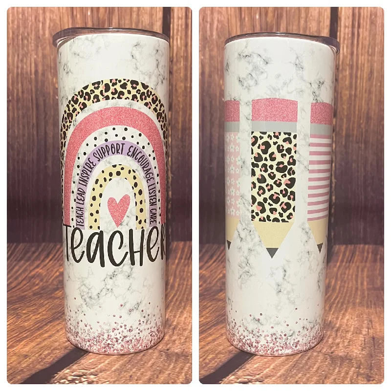 PRE ORDER - Pink Teacher Rainbow w/ Leopard Print Tumbler - 20 oz