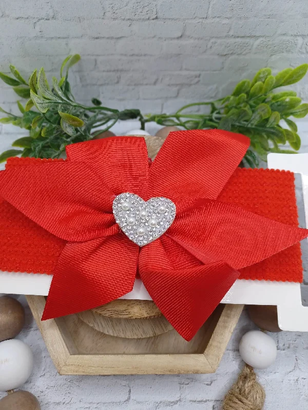 Christmas Glittery Decor Red Baby Headband w/ Rhinestone & Pearl Heart Charm