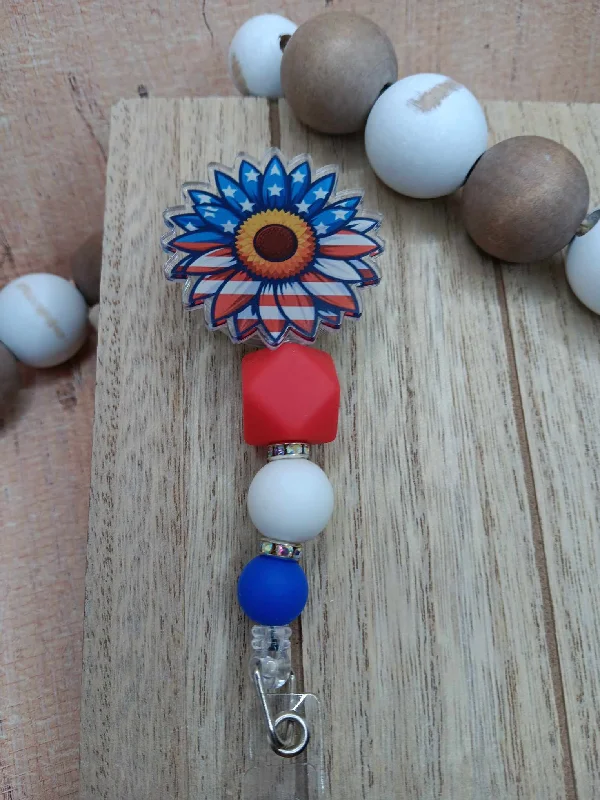Christmas Fairy Lights Red, White, & Blue Sunflower Beaded Lanyard