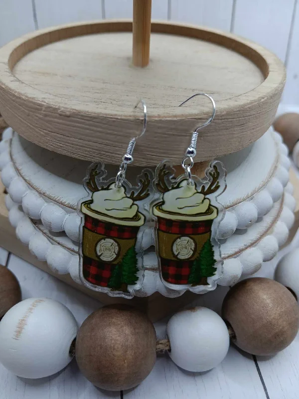 Christmas Glittering Stars Reindeer Buffalo Plaid Christmas Coffee Earrings
