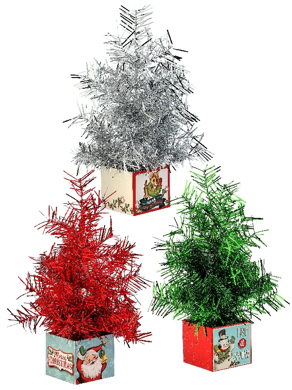 Christmas Holiday Baking Retro Gift Boxes with Tinsel Trees, Set of 3