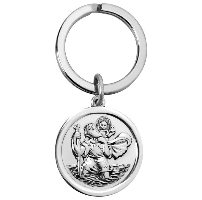 Christmas Snowfall Scene Saint Christopher Silver Plated Keyring 27mm Round EP9444