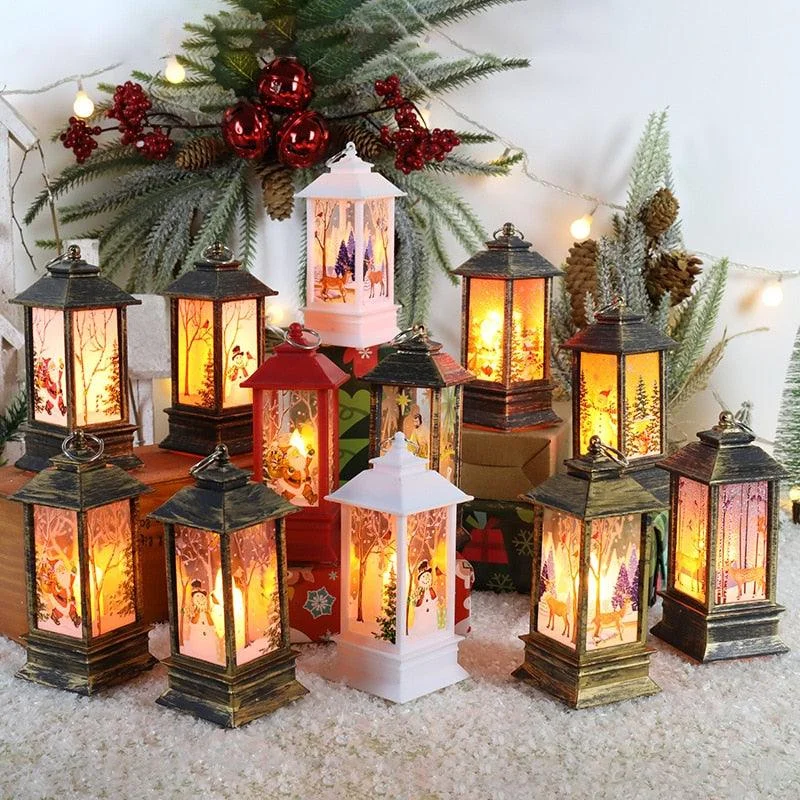Christmas Evergreen Decorations Santa Claus Snowman Lantern Light