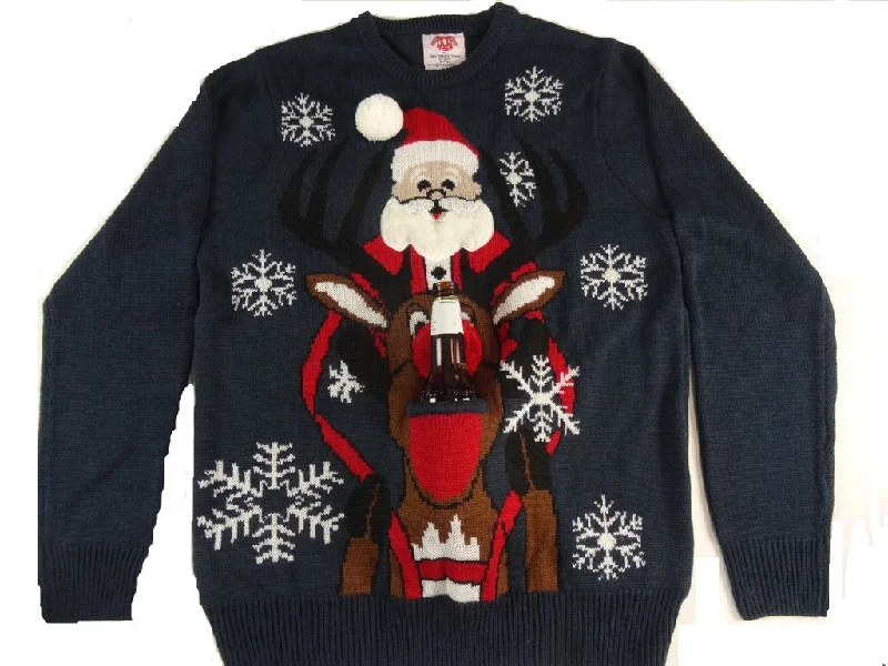 Christmas Joyful Celebration Santa Riding Rudolph Beer Holder Christmas Sweater