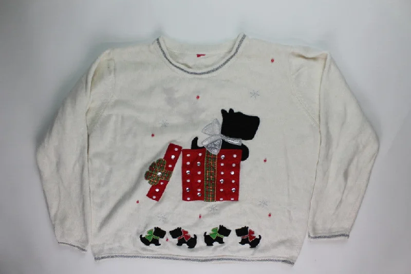 Christmas Red And White Scottie Surprise- Large Christmas Sweater
