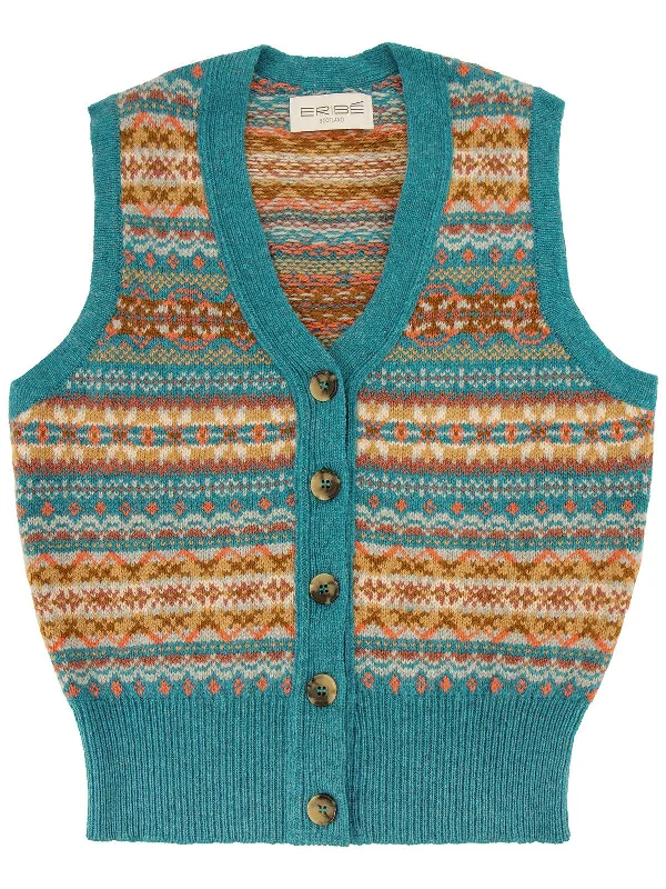 Christmas Gift Exchange Ideas Scottish Wool Fairisle Ladies' Waistcoat in Topaz Blue