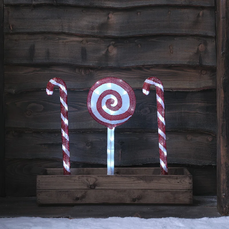 Christmas Home Decorations Set of 3 Tinsel Candy Cane LED Stake Lights