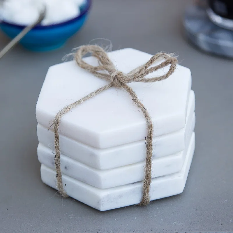Christmas Red And White Set of 4 White Hexagon Marble Coasters