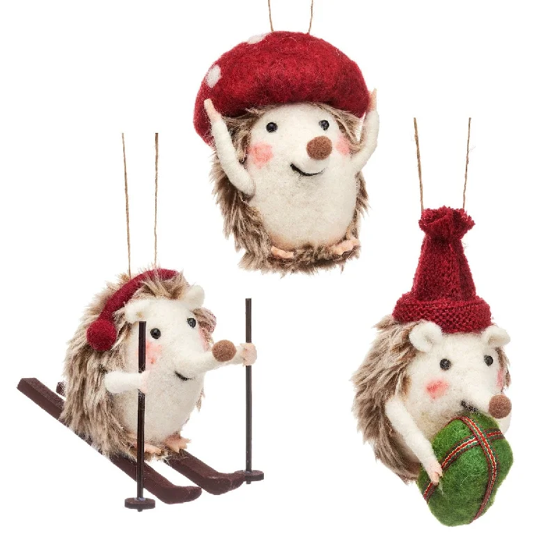 Set of Three Festive Hedgehogs Christmas Tree Decorations
