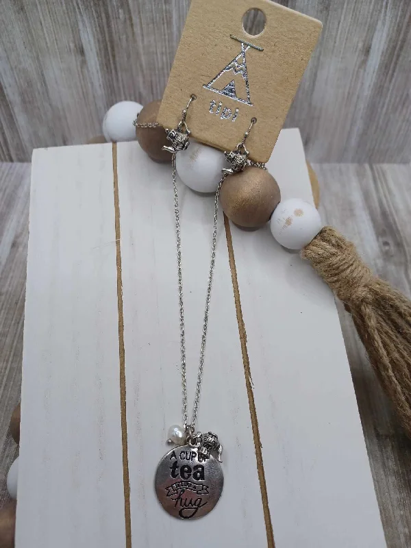 Christmas Star Gazing Silver "A cup of tea is like a hug" Necklace