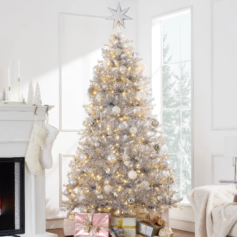 Christmas Holiday Countdown Prelit Silver Artificial Tinsel Christmas Tree w/ Foldable Stand