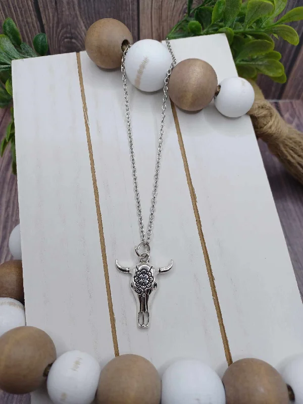 Christmas Snow Covered Trees Silver Bull Skull Necklace