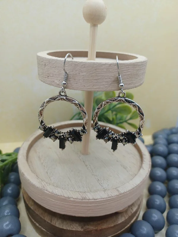 Christmas Sweet Treats Silver Circle Earrings w/ Black & Grey Rhinestones