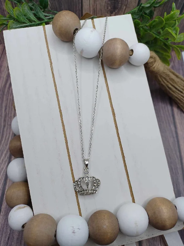 Christmas Snow Covered Village Silver Crown Necklace w/ Rhinestones