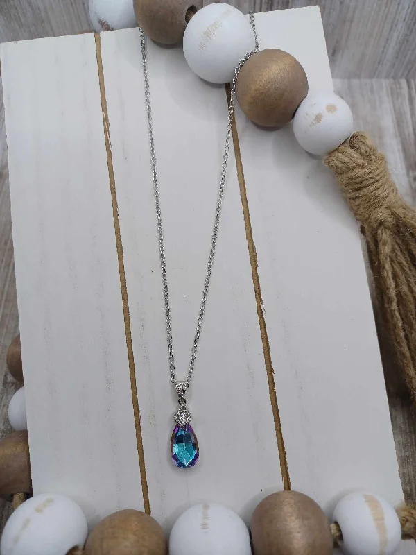 Christmas Midnight Feast Silver Dainty Necklace w/ Blue & Purple Rhinestone Pendant