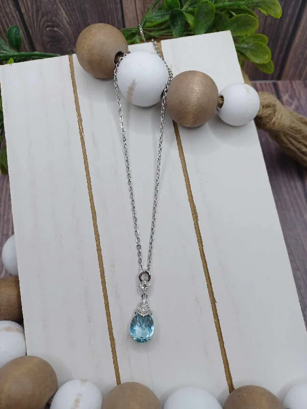 Christmas Snowy Windows Silver Dainty Necklace w/ Blue Rhinestone Pendant