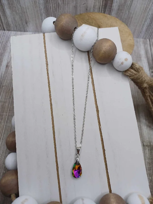 Christmas Winter Decor Silver Dainty Necklace w/ Oil Spill Pendant