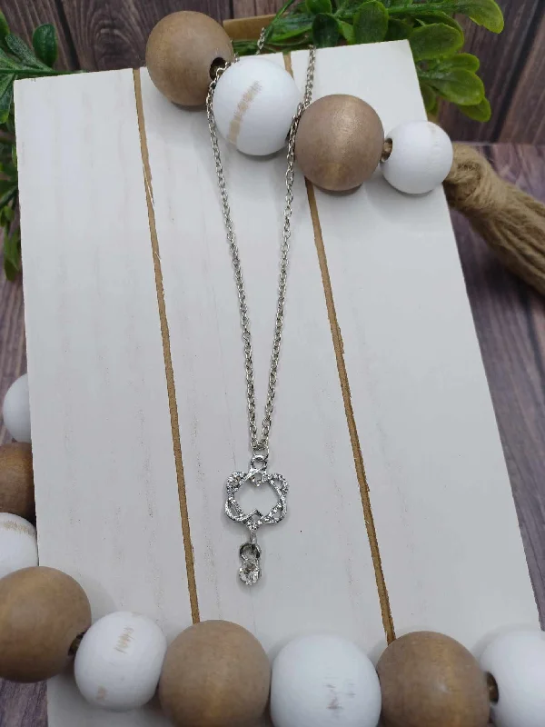 Christmas Snow Covered Roof Silver Double Heart Necklace w/ Dangle Rhinestone