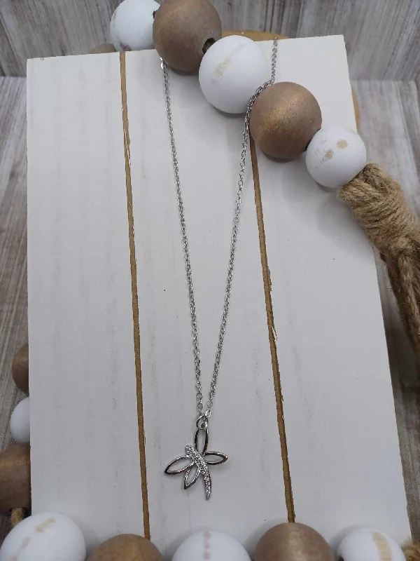 Christmas Carol Singing Silver Dragonfly Necklace w/ Rhinestones