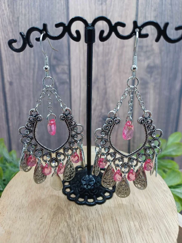 Christmas Tree Farm Silver Drop Earrings w/ Pink Beading & White Rhinestone Accents