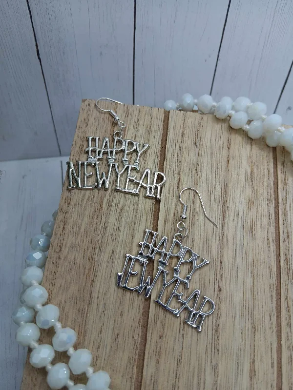 Christmas Evergreen Trees Silver Happy New Year Earrings