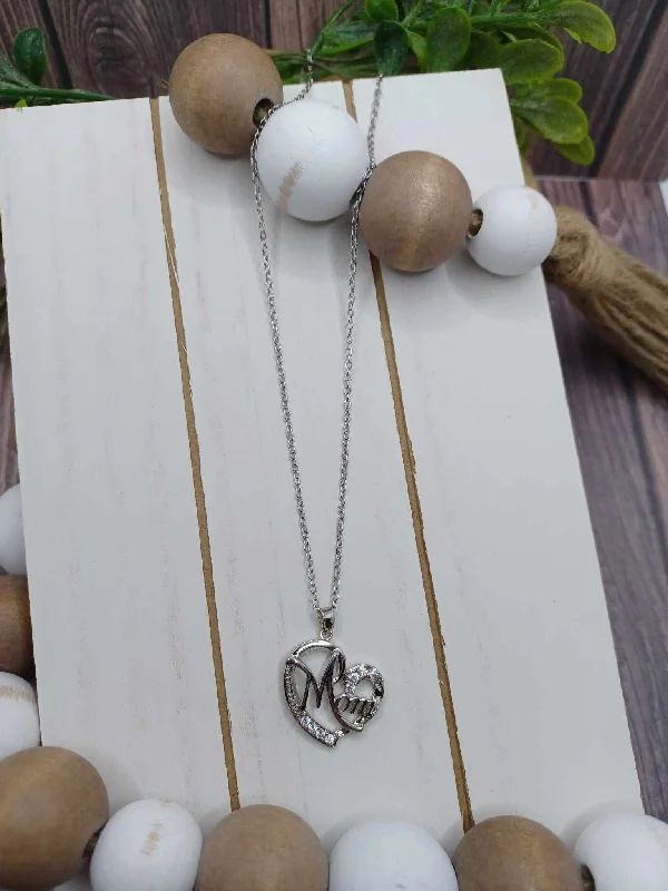 Christmas Fairy Lights Silver Heart "Mom" Necklace