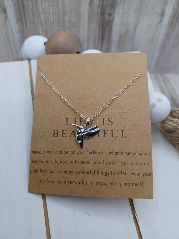 Christmas Reindeer Sleigh Silver Hummingbird Necklace