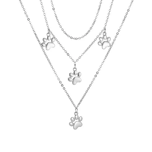 Christmas Cozy Decor Silver Layered Necklace w/ Paw Print Charms