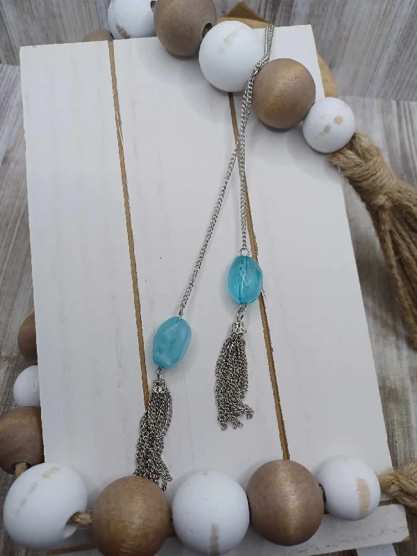 Christmas Festive Atmosphere Silver Necklace w/ Blue Marbled Pendants & Silver Tassels