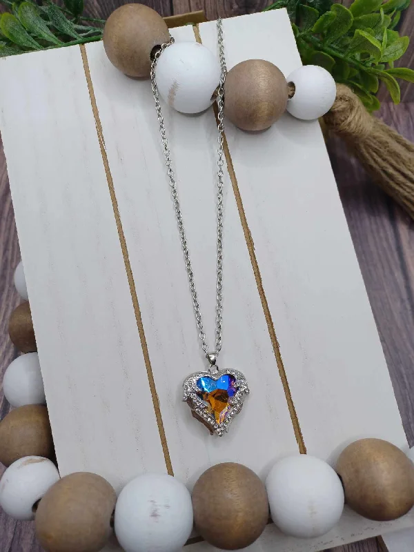 Christmas Glittery Decor Silver Necklace w/ Mermaid Rhinestone Heart Pendant