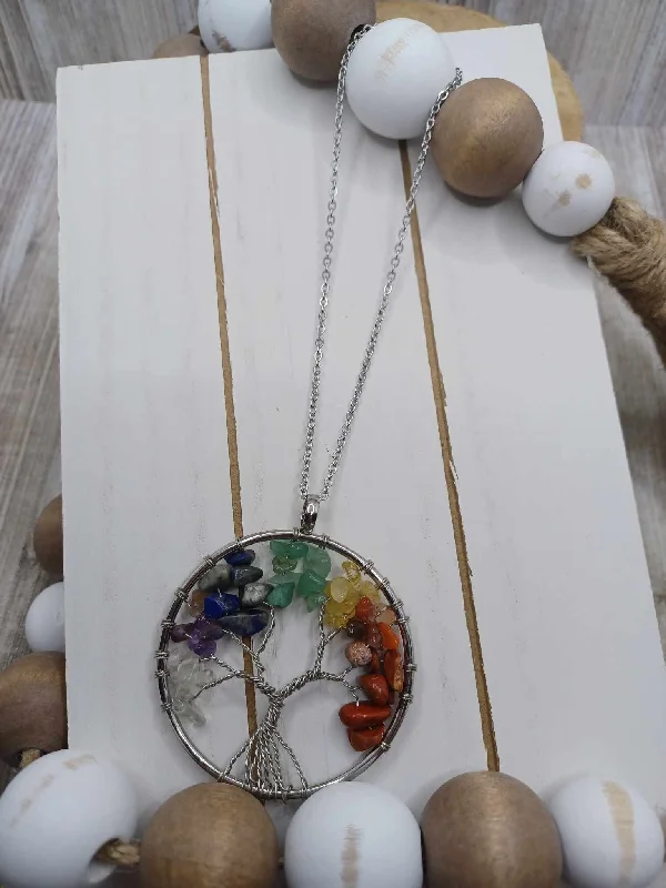 Christmas Ice Decorations Silver Necklace w/ Multicolored Tree of Life Pendant