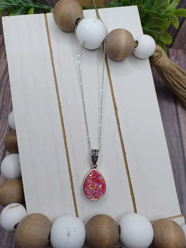 Christmas Wooden Decor Silver Necklace w/ Pink Druzy Teardrop Pendant