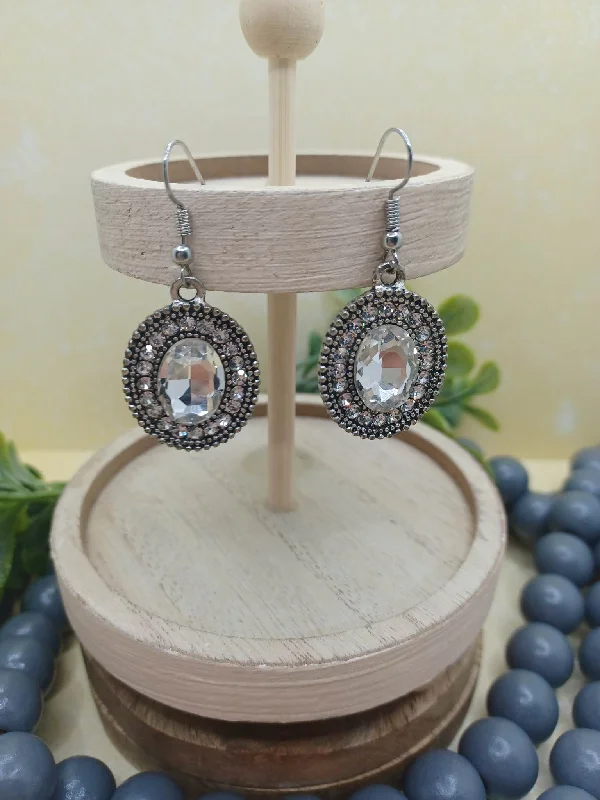 Christmas Holiday Traditions Silver Oval Rhinestone Earrings